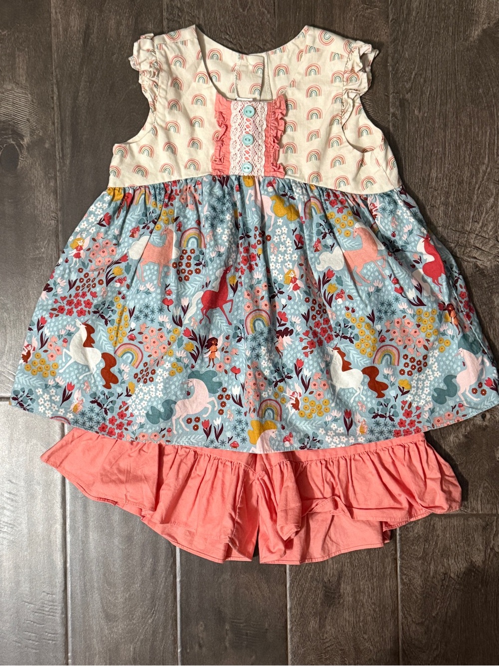 Ricrac & Ruffles Unicorn & Rainbow short set with Coral Ruffle shorts